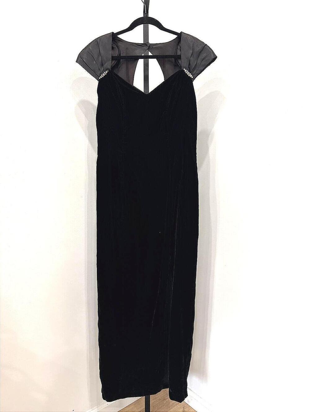 Elegant Black Velvet Evening Dress with Sheer Gray Sleeves and Pearl Detail